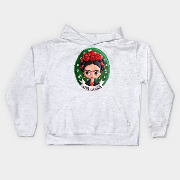 Frida Kahlo kawaii mexican painter cute flower background medallion Kids Hoodie by T-Mex